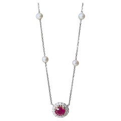 No Heat Burma Ruby Necklace with natural diamonds and akoya pearls
