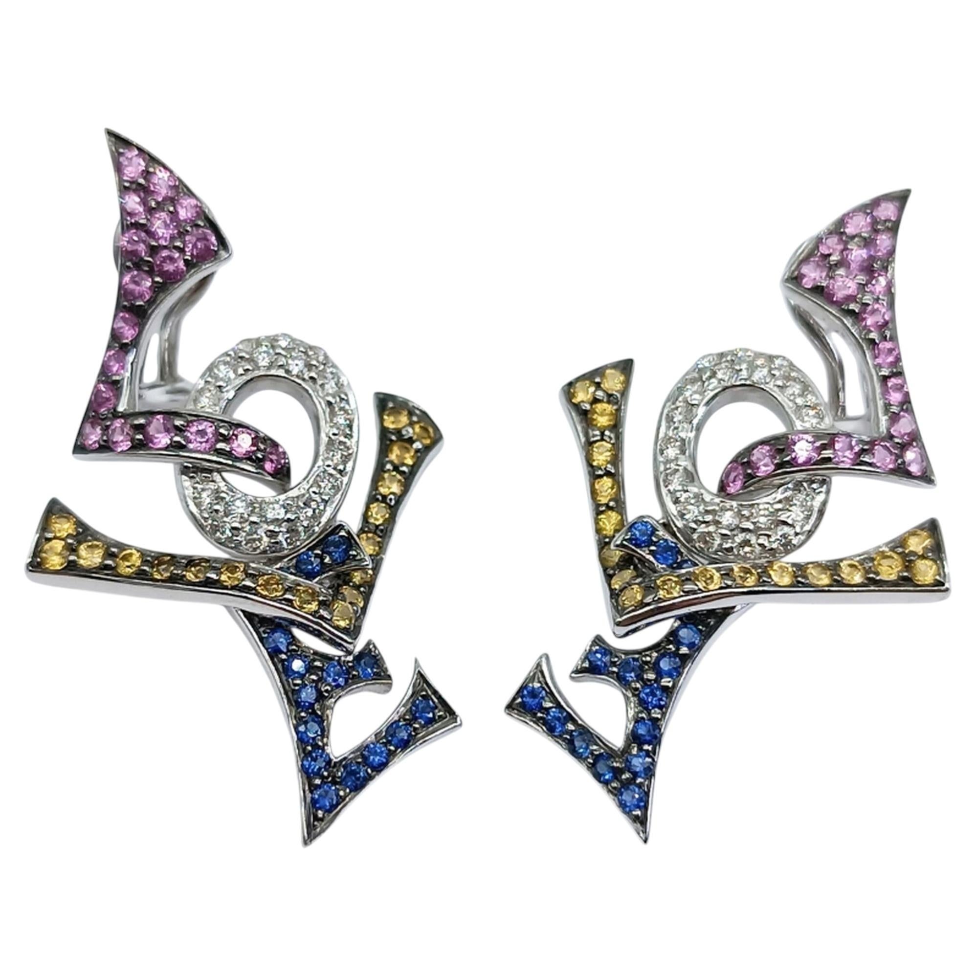White Gold Diamond, Pink, Yellow and Blue Sapphire LOVE Design Earrings For Sale