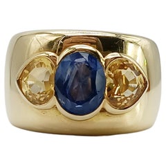 18K Yellow Gold Ring with Blue Sapphire and Yellow Sapphire Heart-Cut Stone