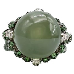 Vintage White Gold Ring with Prehnite, Tsavorite Garnets and Diamonds, 2006