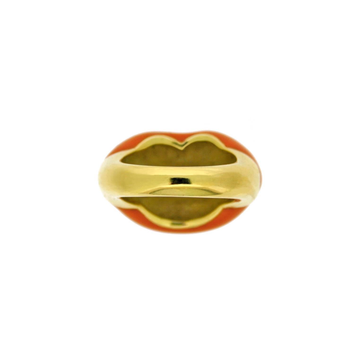 Modern Enamel Gold Hotlips Ring For Sale