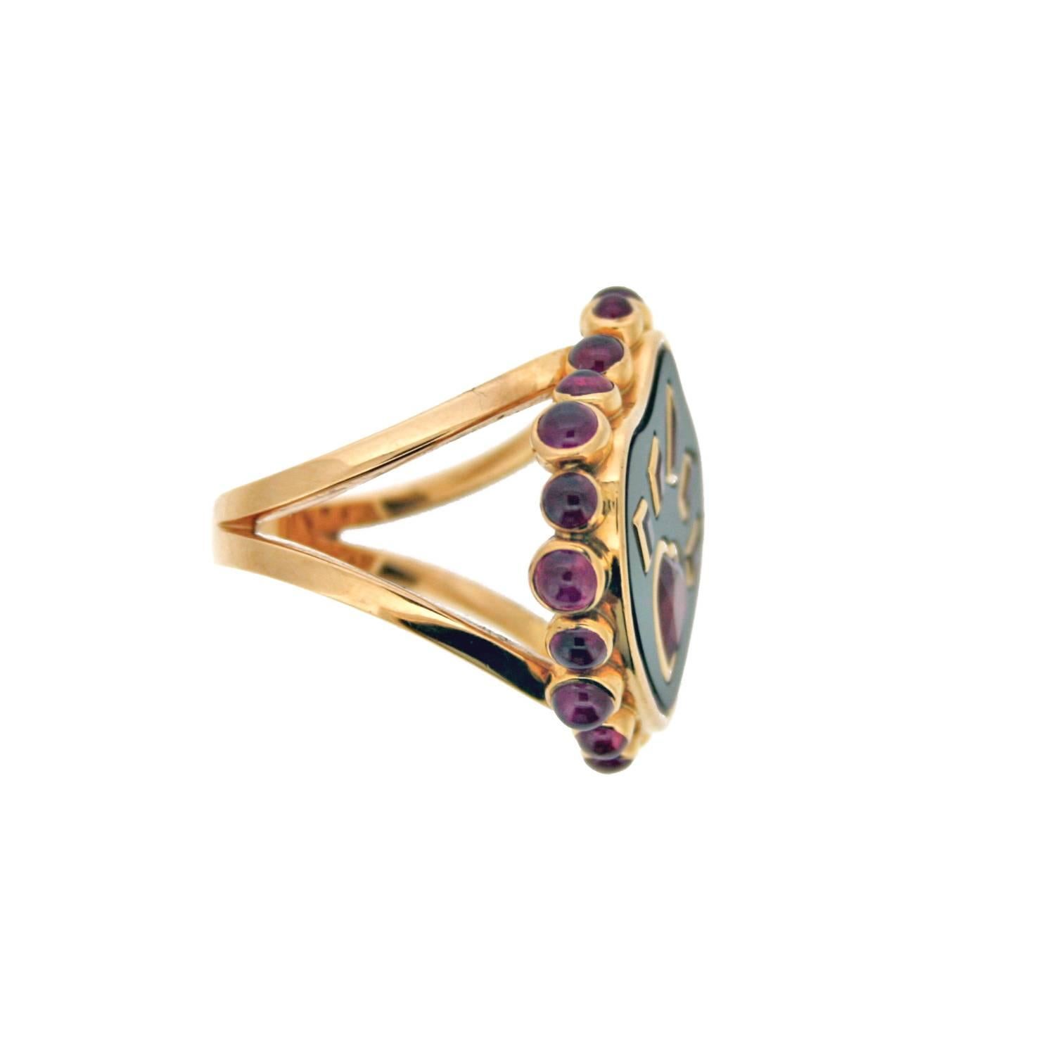 Modern Onyx Ruby Gold Flaming Heart Ring For Sale