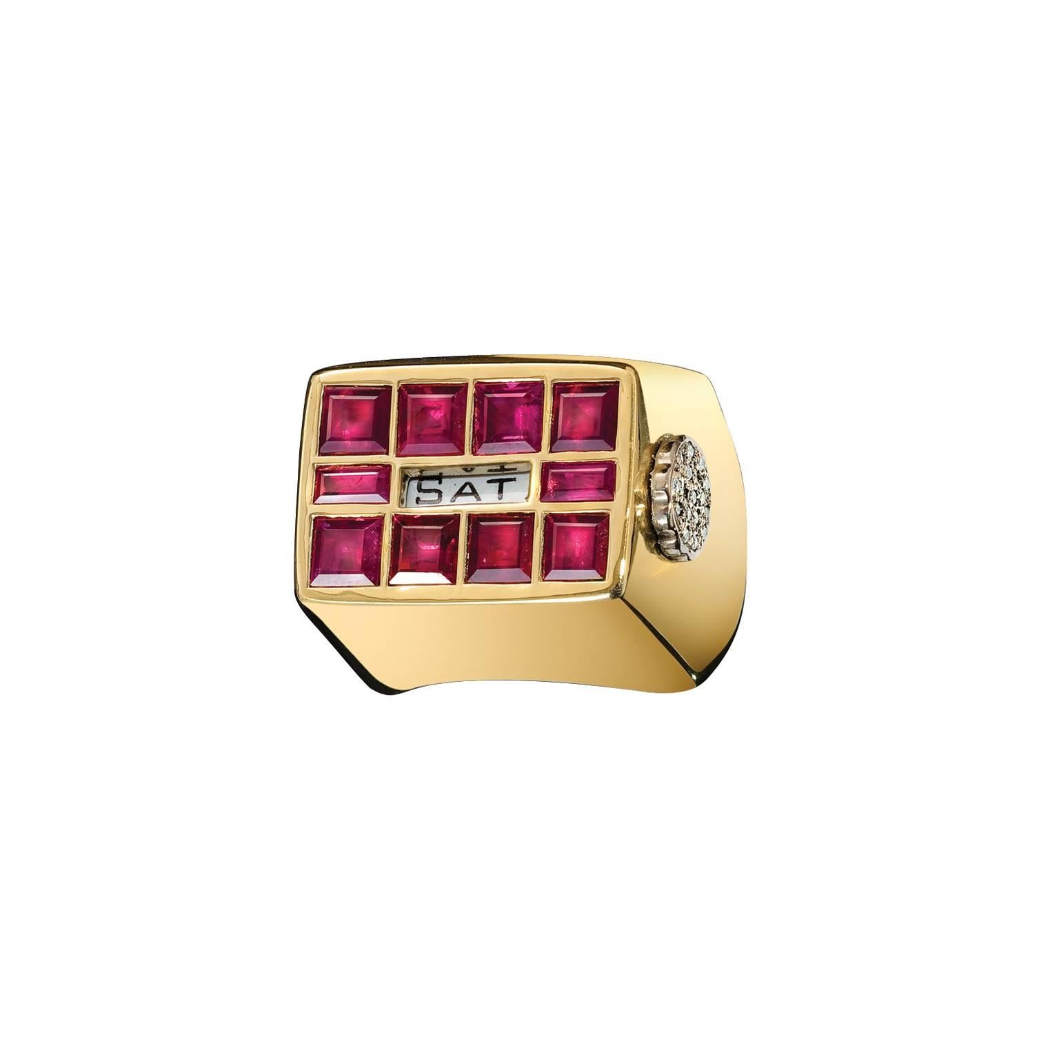 Modern Days of the Week Ruby Diamond Gold Ring For Sale