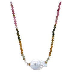 Handmade Tourmaline and Baroque Pearl Beaded Necklace, 14K Gold