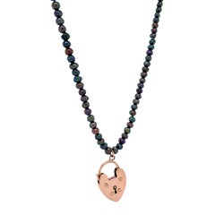 Handmade Black Pearl Necklace with Rose Gold English Heart Padlock & Dog Clip