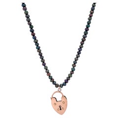 Handmade Black Pearl Necklace with Rose Gold English Heart Padlock & Dog Clip