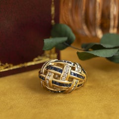 Vintage Midcentury Bombe Natural Sapphire and Diamond Ring, 18 Karat Gold