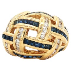 Vintage Midcentury Bombe Natural Sapphire and Diamond Ring, 18 Karat Gold