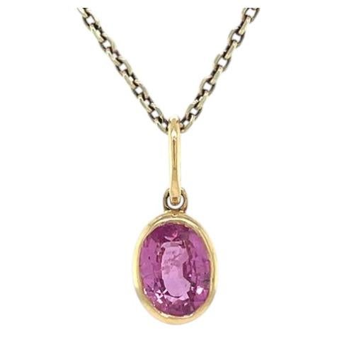 Natural Hot Pink Sapphire Bezel Set Pendant, 18 Karat Gold Stackable For Sale