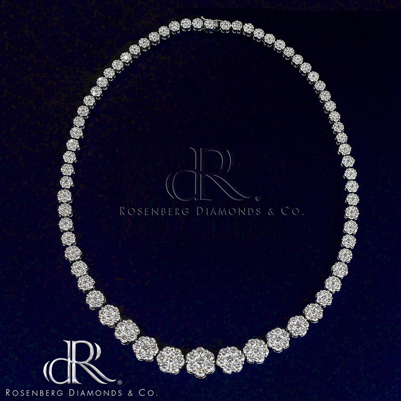 Handmade in 18k White Gold, this Beautiful graduated flower necklace has 30 cts total weight of collection color VS2-SI1 Brilliant Diamonds. 

Reference # 5239

David Rosenberg is President of the Diamond Bourse of the Southeastern United States