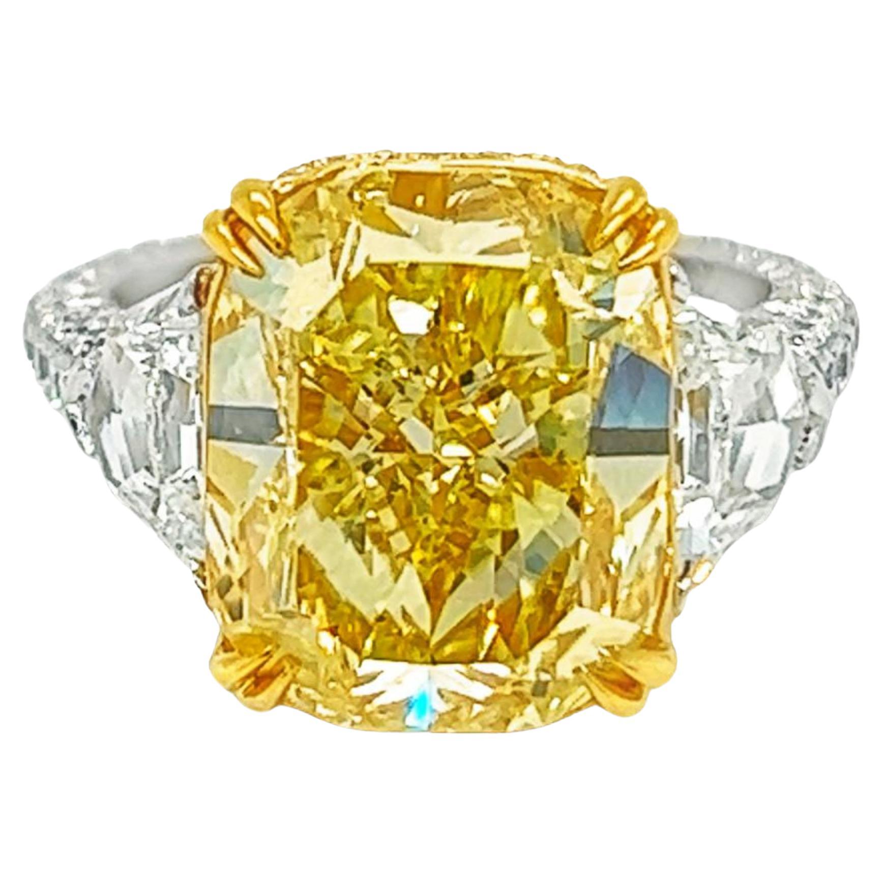 David Rosenberg 8.02 Carat Cushion Fancy Yellow VS1 GIA 3 Stone Engagement Ring For Sale