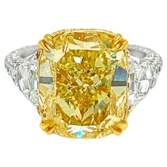 David Rosenberg Bague de fiançailles à 3 pierres avec diamant jaune fantaisie 8,02 carats, taille coussin VS1 GIA