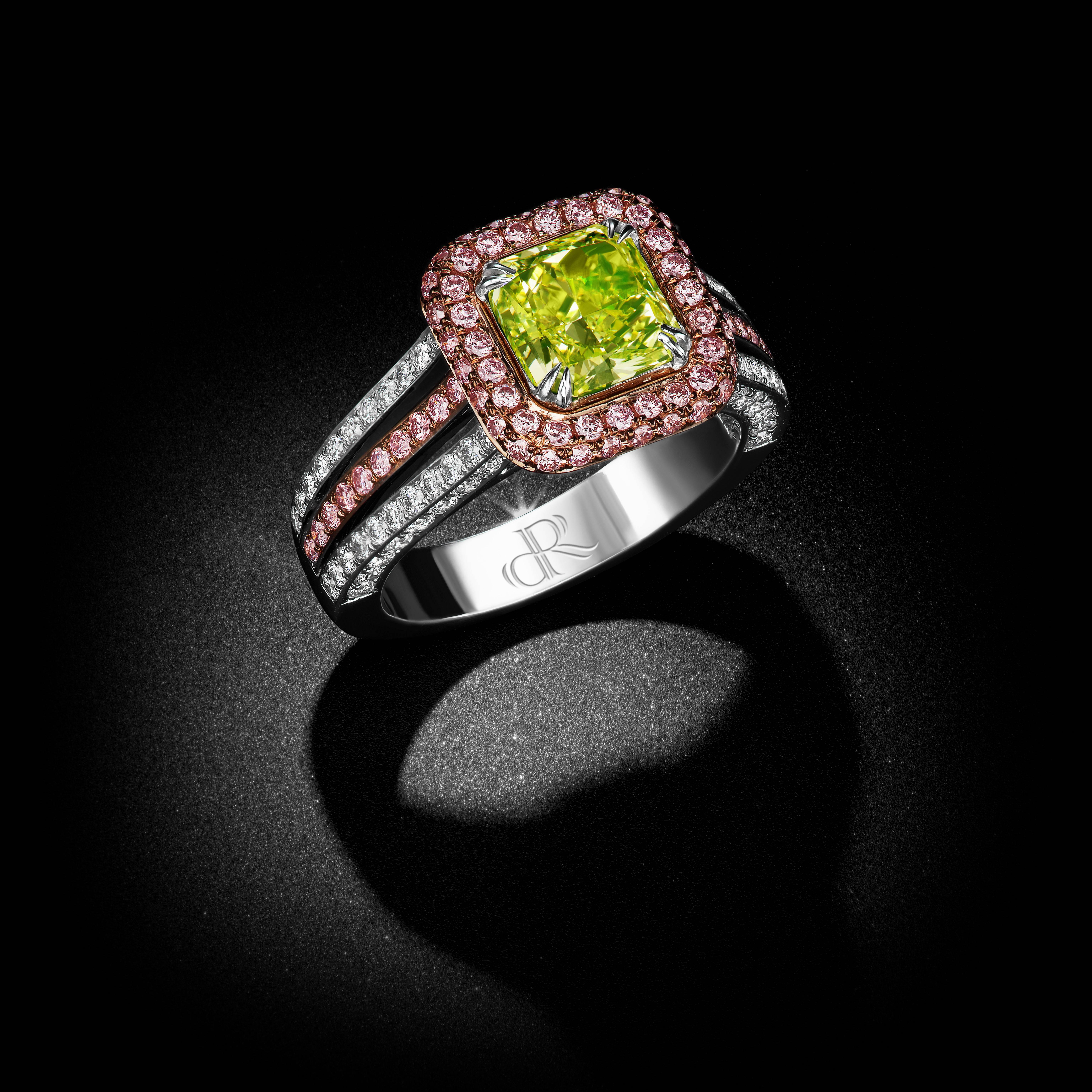 Modern David Rosenberg 1.77 Carat Radiant Fancy Intense Yellow Green GIA Diamond Ring