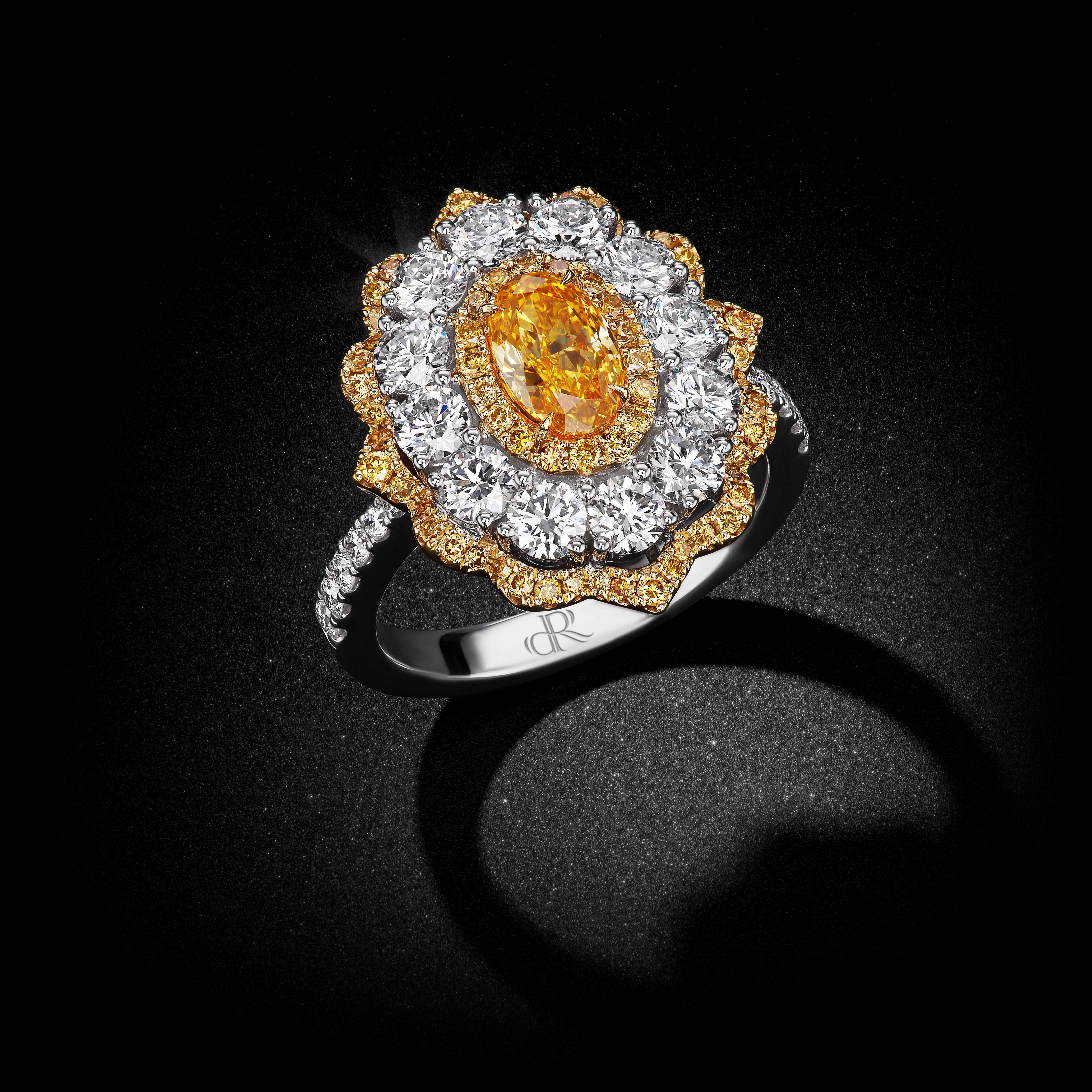 Modern David Rosenberg .78 Oval GIA Fancy Intense Yellow Orange Flower Diamond Ring