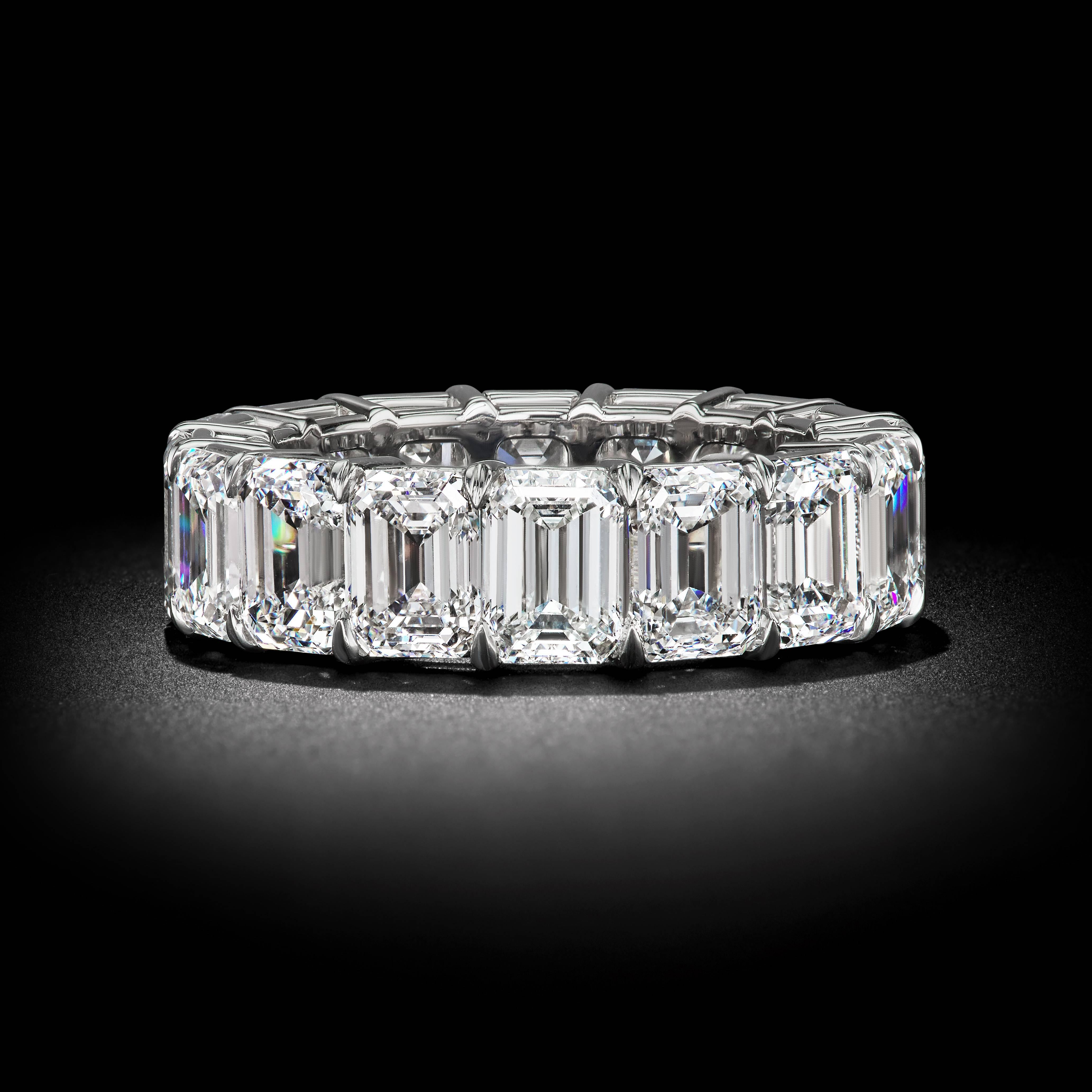 A Rosenberg Diamonds perfectly matched emerald cut eternity band. This internally flawless diamond band has a total weight of 15.41 carats. Set in a beautifully platinum setting with color ranging from G-H with a clarity VS2. Each stone comes with a