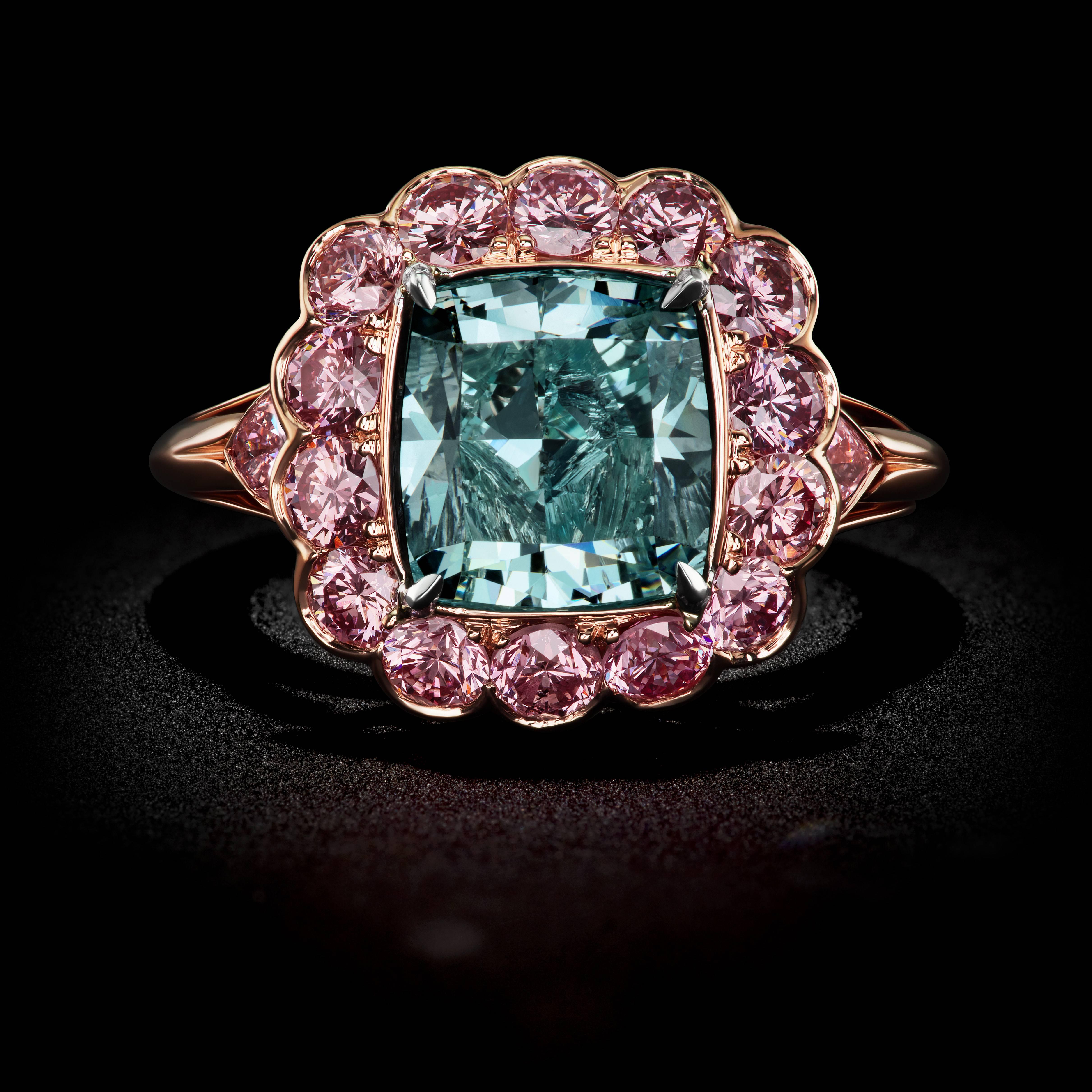 A Mesmerizing Fancy Intense Blueish Green Cushion Cut Diamond GIA Cert Ring by David Rosenberg.

This handmade 18kt Rose Gold Ring with a 4.16ct Cushion Cut Fancy Intense Blueish Green Diamond is accompanied with a GIA Certificate and a Stephen