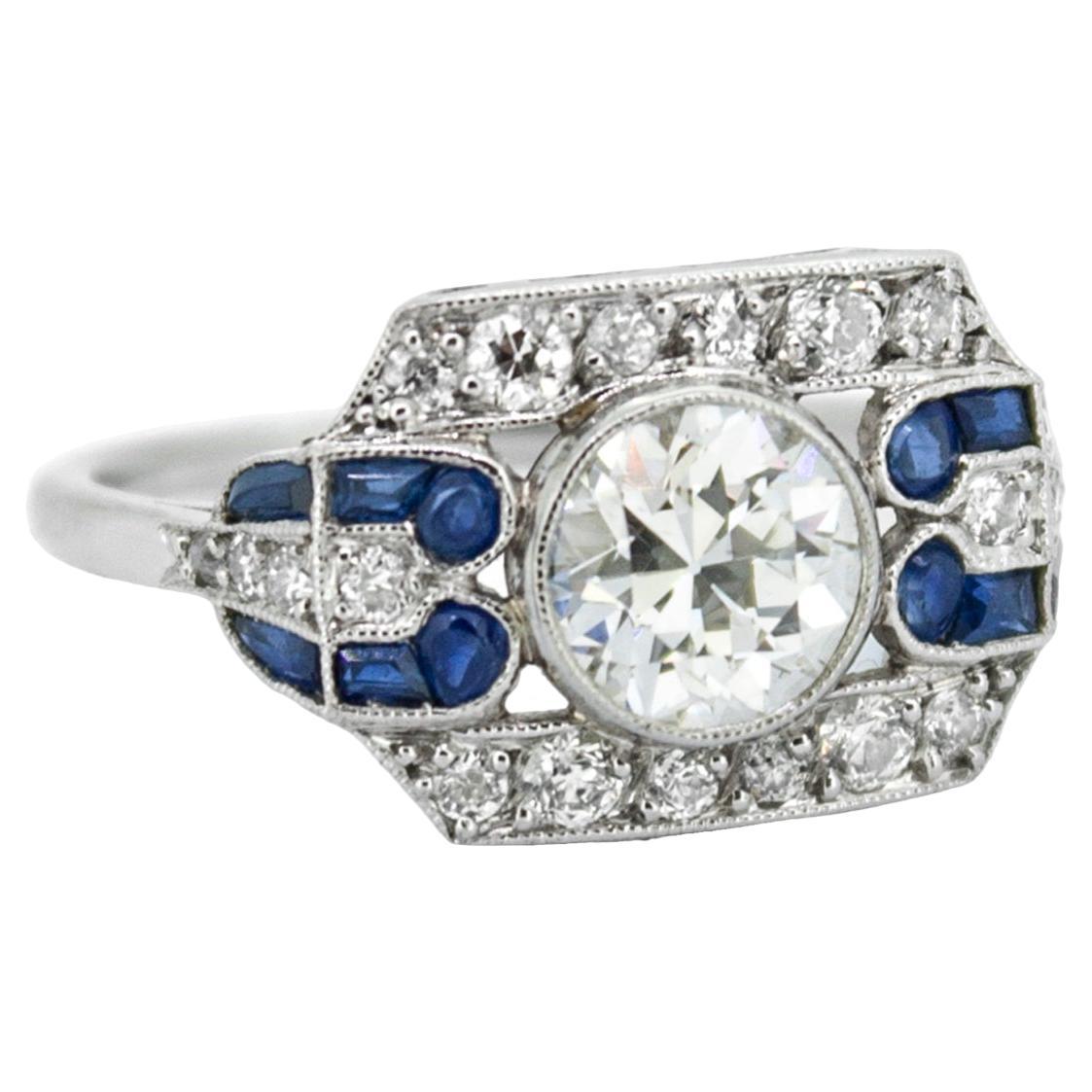 Art Deco 1.14ct Transitional Cut Diamond & Sapphire Henrietta Ring For Sale