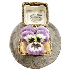 Antique 14ct Gold Edwardian era Enamel and Diamond Pansy Flower Pendent / Brooch
