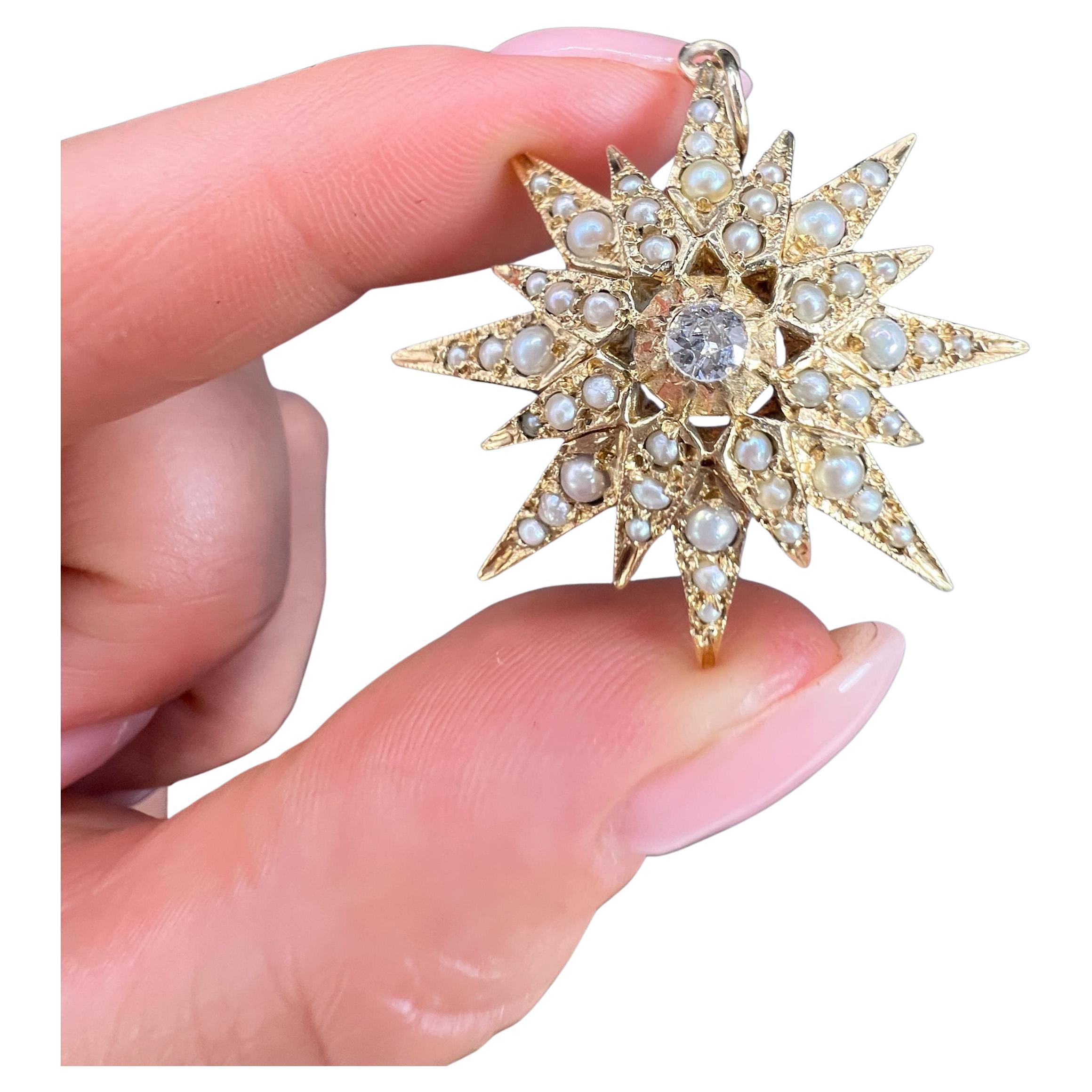 Pendentif étoile en or jaune 9ct avec diamants et perles de rocaille, poinçonné Londres 1974 en vente