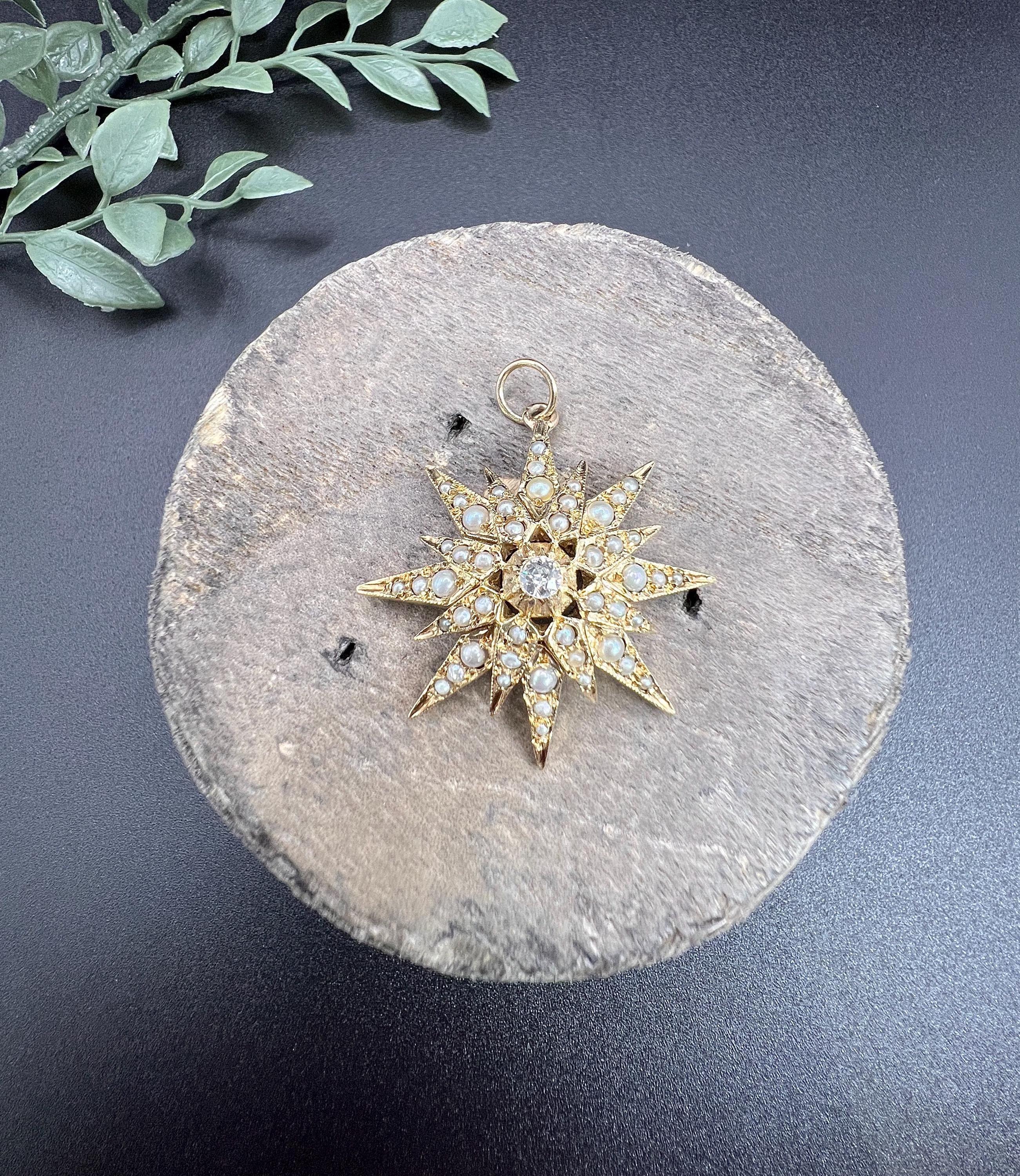Pendentif étoile en or jaune 9ct avec diamants et perles de rocaille, poinçonné Londres 1974 Unisexe en vente