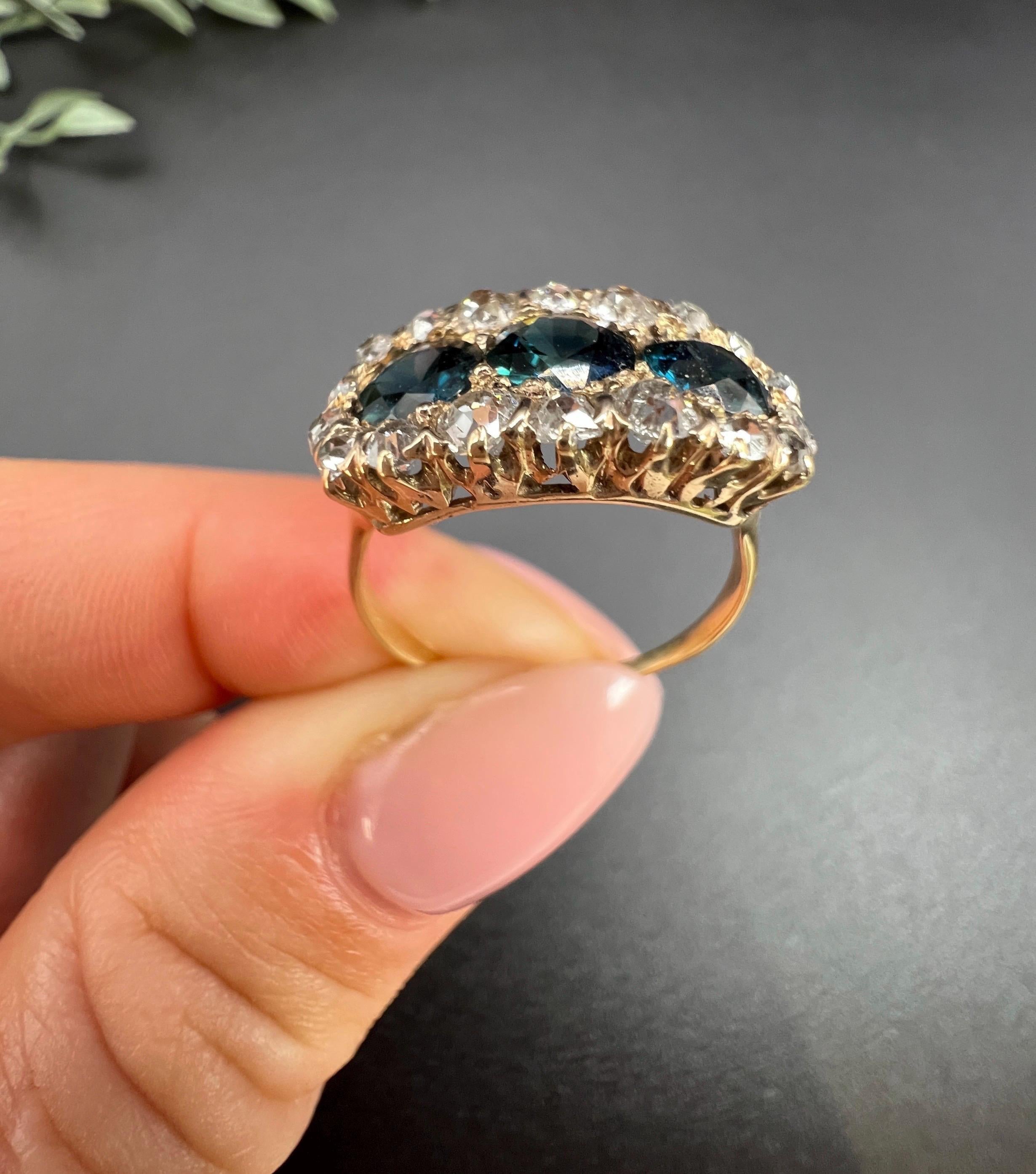 Antiker 18ct Rose Gold, Edwardian Sapphire & Diamond Triple Cluster Ring im Angebot 5