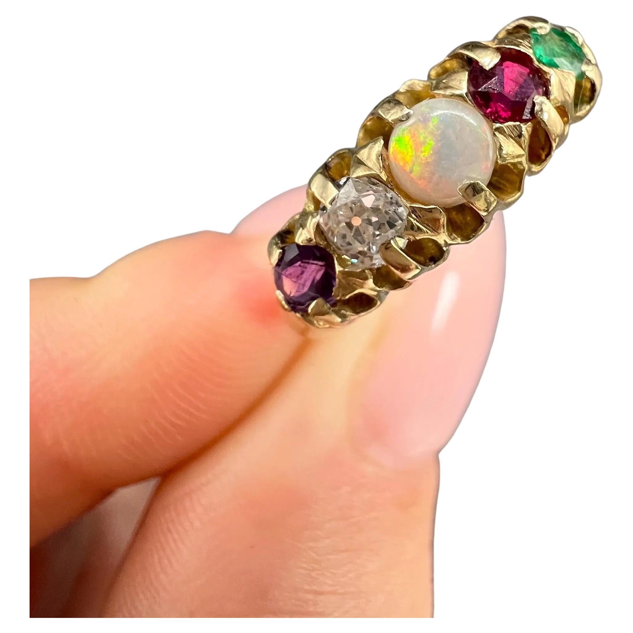 Antiker Ring aus 18 Karat Gold, Edwardian ADORE Amethyst, Diamant, Opal, Rubin und Smaragd im Angebot