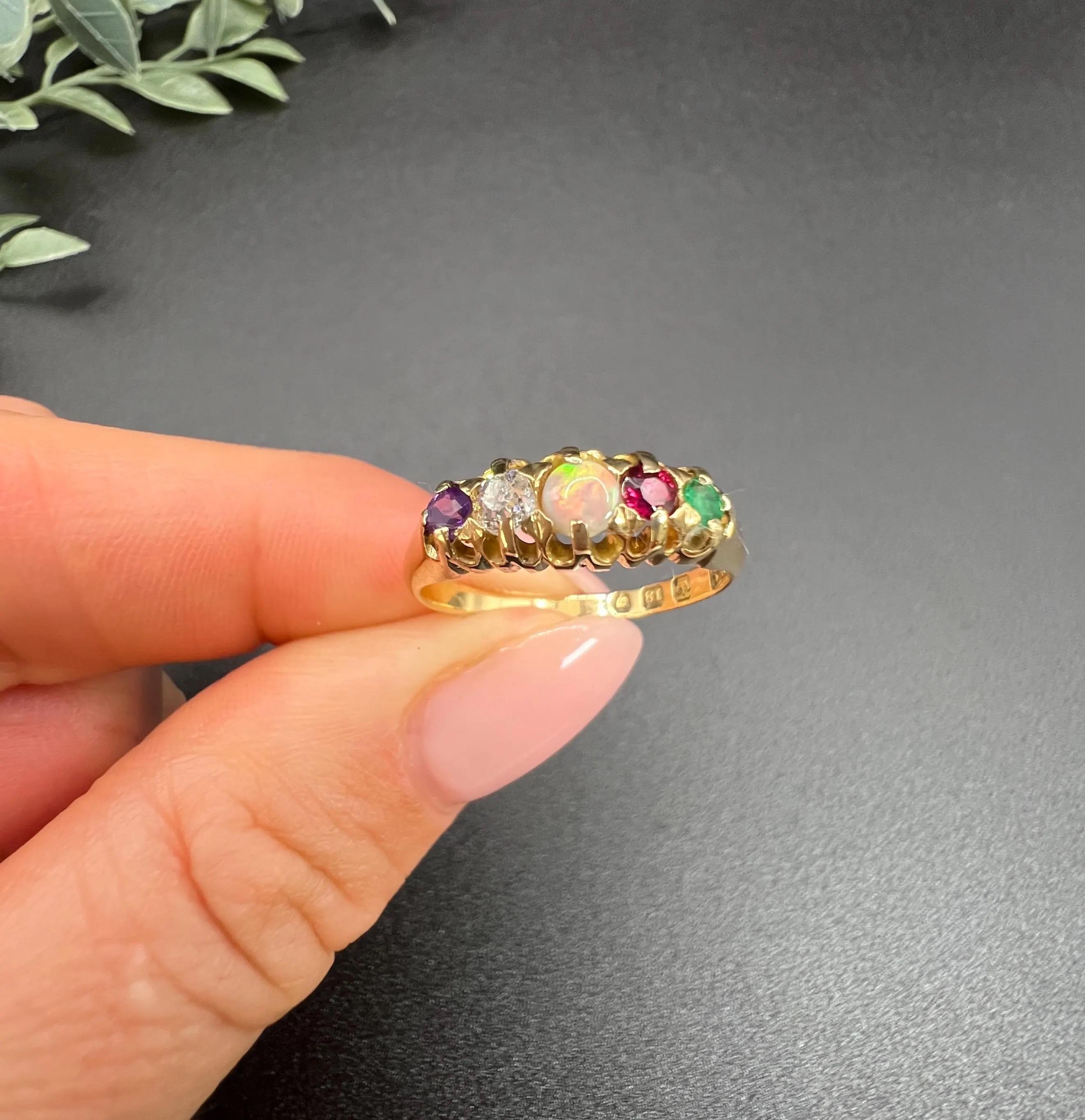 Antiker Ring aus 18 Karat Gold, Edwardian ADORE Amethyst, Diamant, Opal, Rubin und Smaragd im Angebot 2
