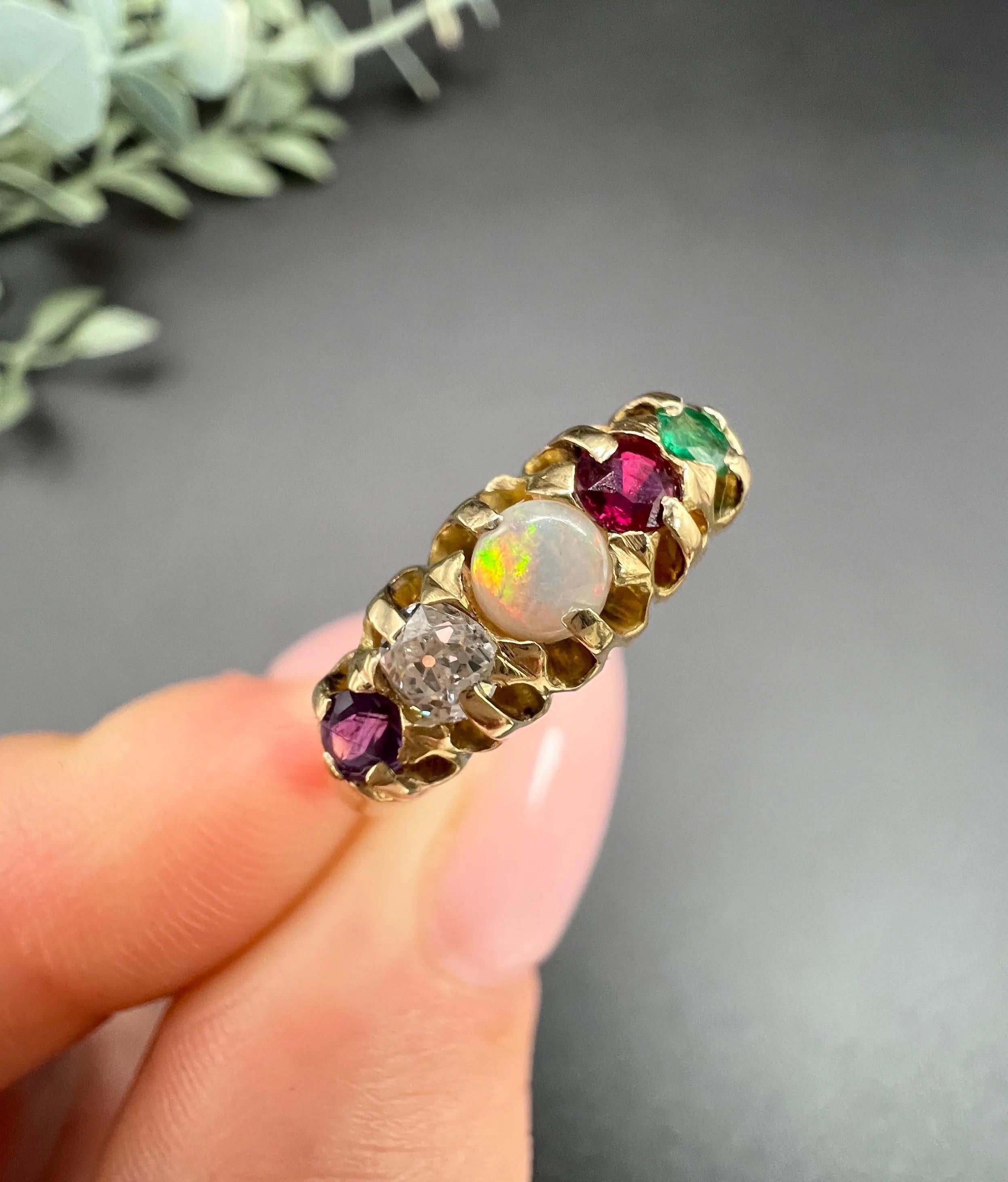 Antiker Ring aus 18 Karat Gold, Edwardian ADORE Amethyst, Diamant, Opal, Rubin und Smaragd im Angebot 6