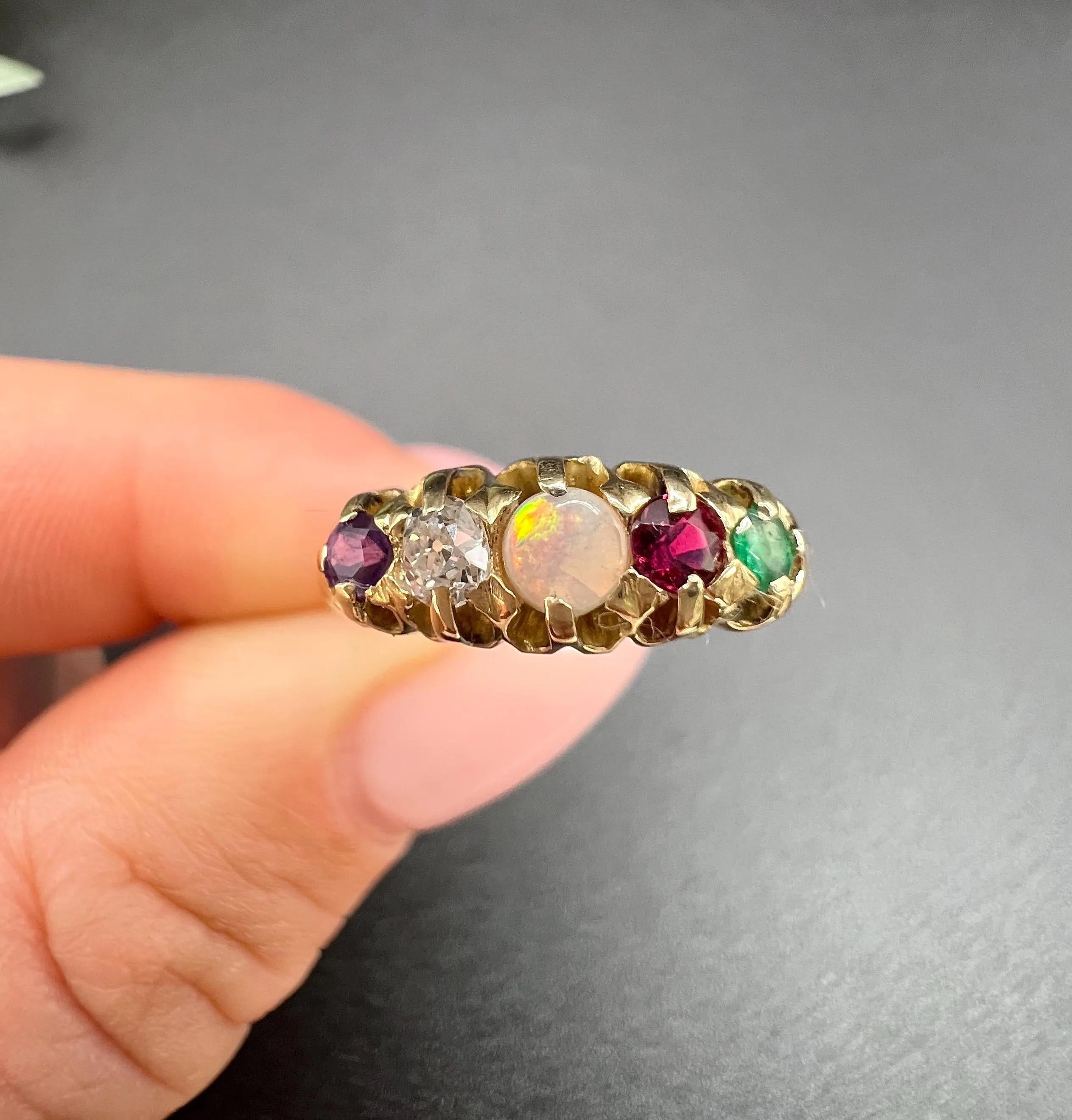 Antiker Ring aus 18 Karat Gold, Edwardian ADORE Amethyst, Diamant, Opal, Rubin und Smaragd im Angebot 5