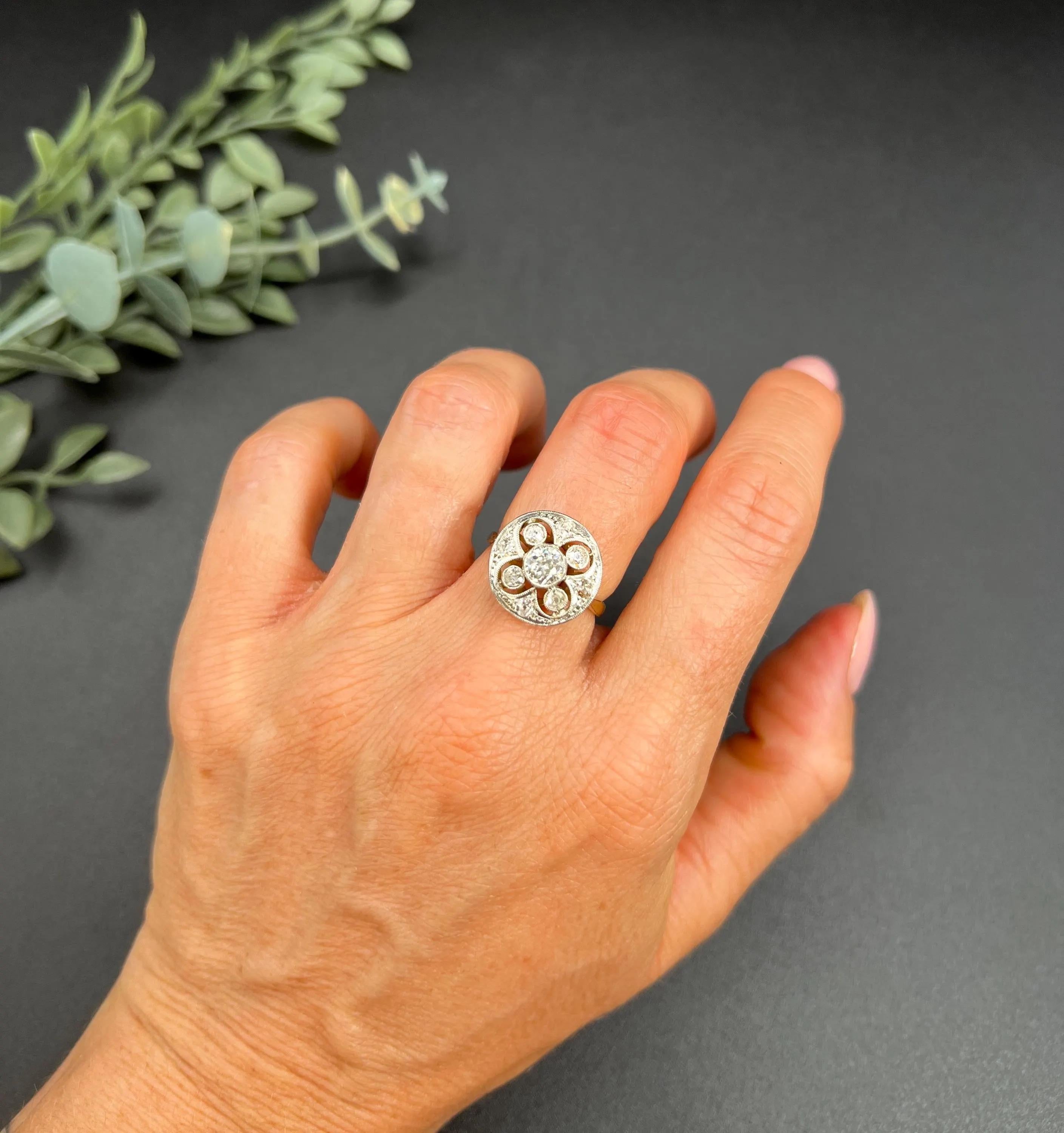 Antiker 18ct Gold & Platin, Edwardianischer runder Diamant Cluster Ring für Damen oder Herren im Angebot