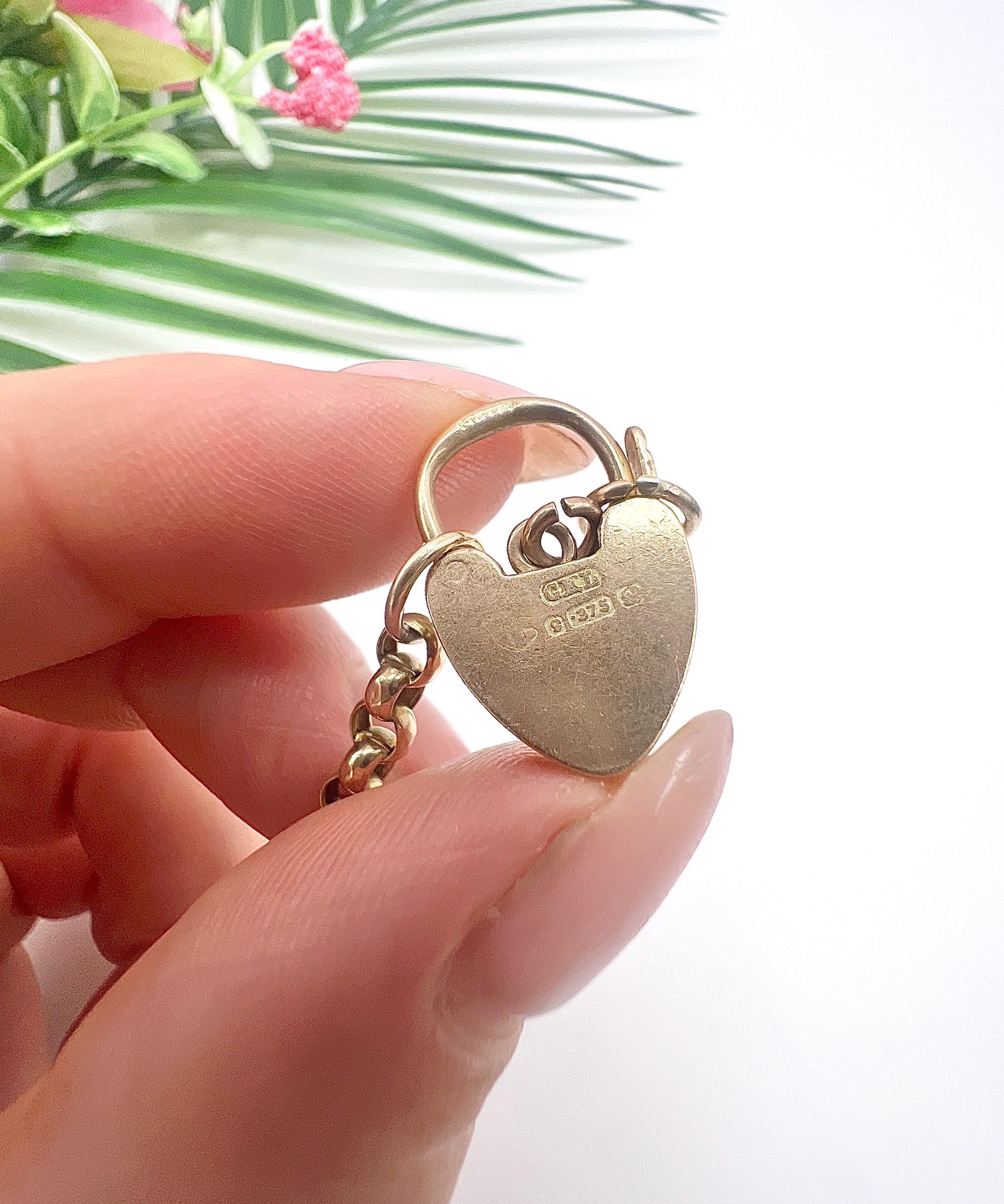 Pulsera antigua de eslabones facetados Belcher de oro de 9 ct Edwardian con candado de corazón en venta 4