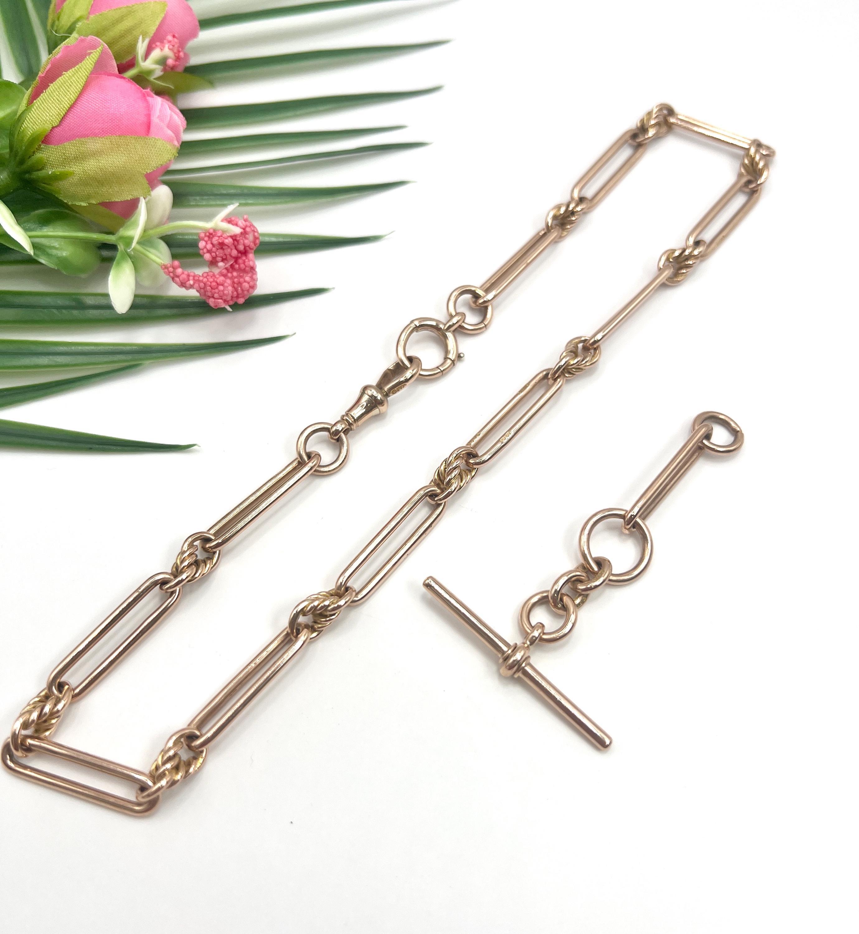 9ct Rose Gold, Edwardian Trombone & Knot Albert Chain, Hallmarked Chester 1910 For Sale 1