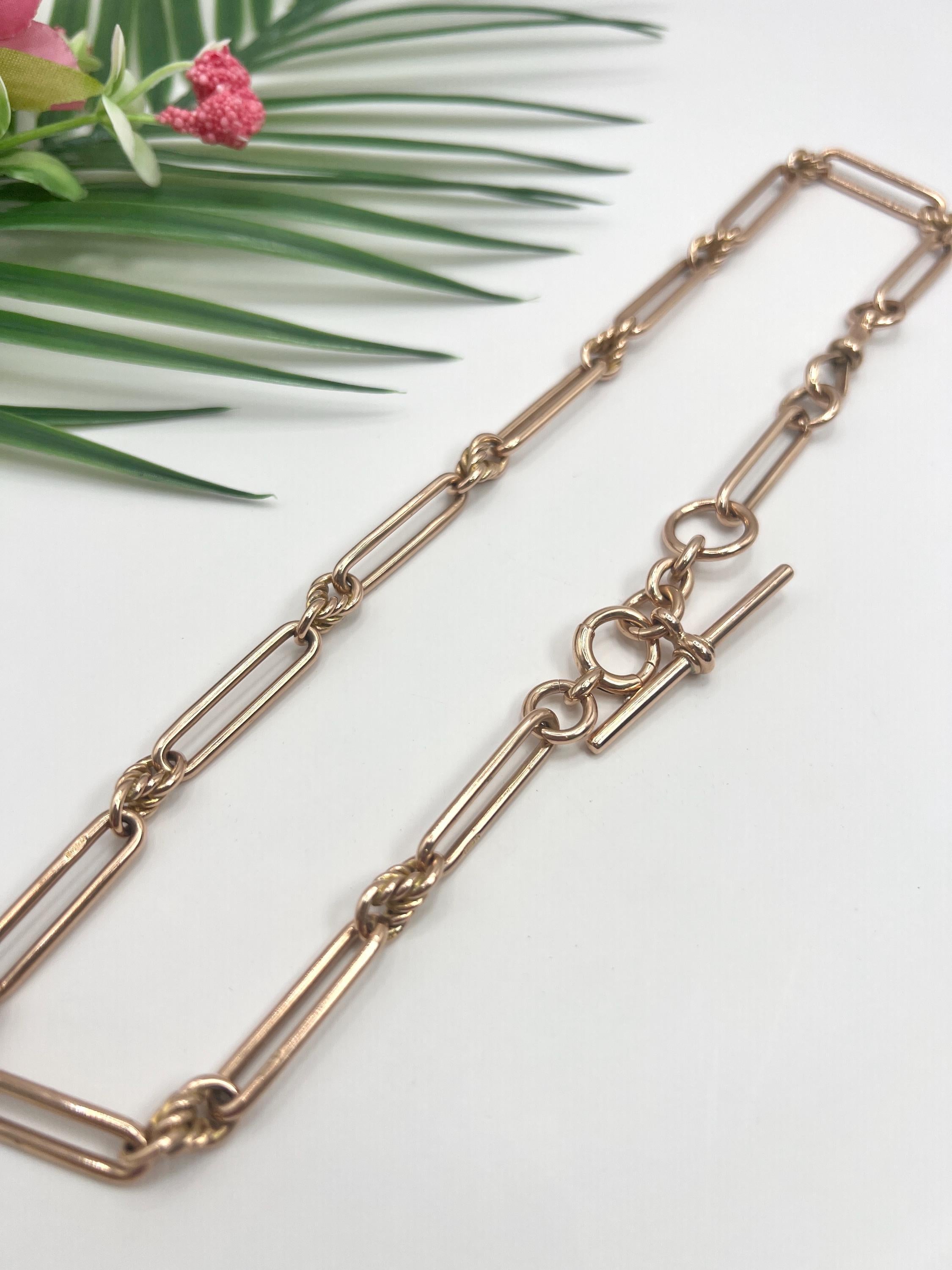 9ct Rose Gold, Edwardian Trombone & Knot Albert Chain, Hallmarked Chester 1910 For Sale 4