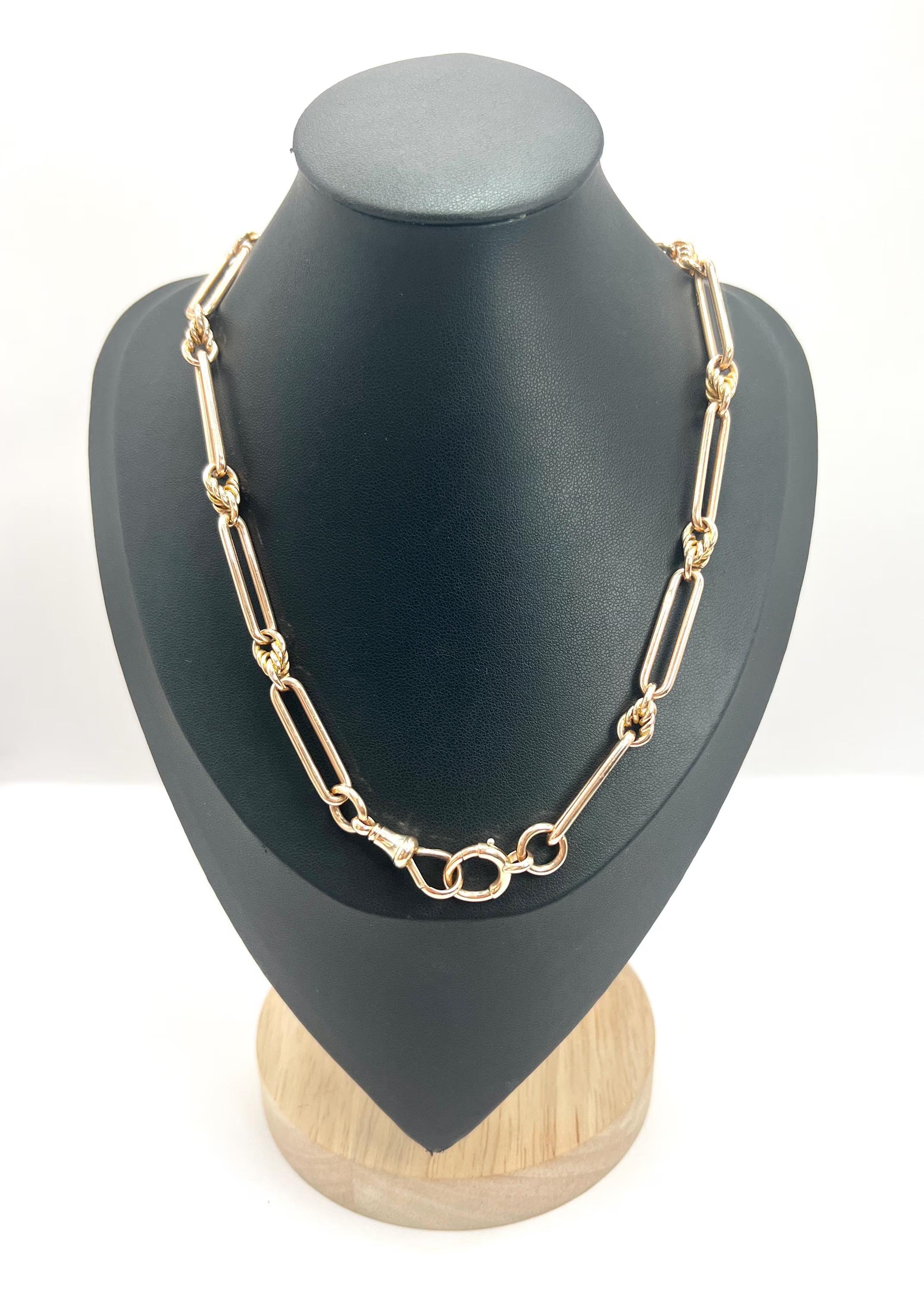 Women's or Men's 9ct Rose Gold, Edwardian Trombone & Knot Albert Chain, Hallmarked Chester 1910 For Sale