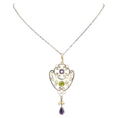9ct Gold, Edwardian Amethyst, Peridot & Seed Pearl Suffragette Anhänger Halskette