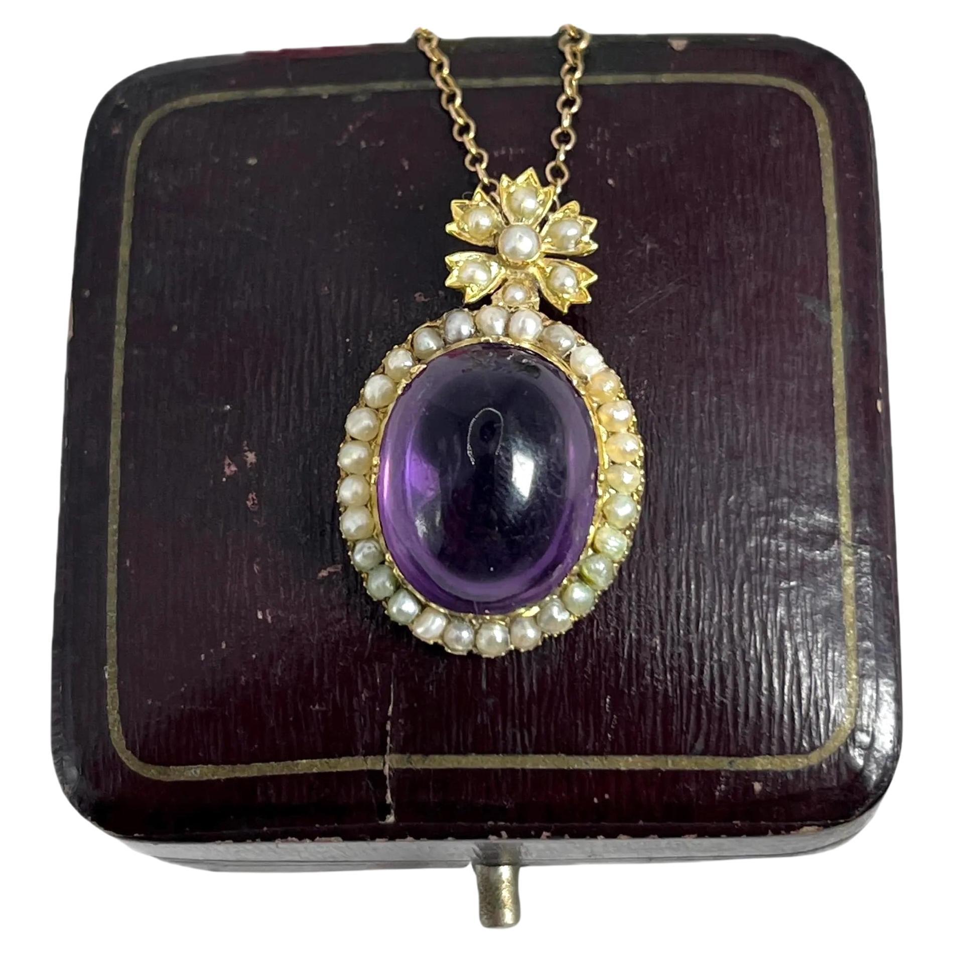 Antique 15ct Gold, Victorian Cabochon Amethyst 
Pearl Oval Pendant