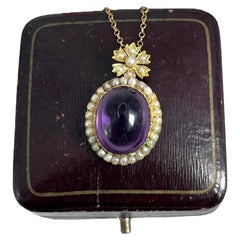 Antique 15ct Gold, Victorian Cabochon Amethyst 
Pearl Oval Pendant