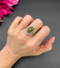18ct Gold & Platinum, Deco Style Black Opal and Diamond Oval Shaped Cluster Ring