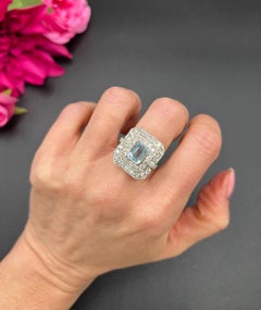 Vintage Platinum, Art Deco Style Aquamarine and Diamond Square Cluster Ring