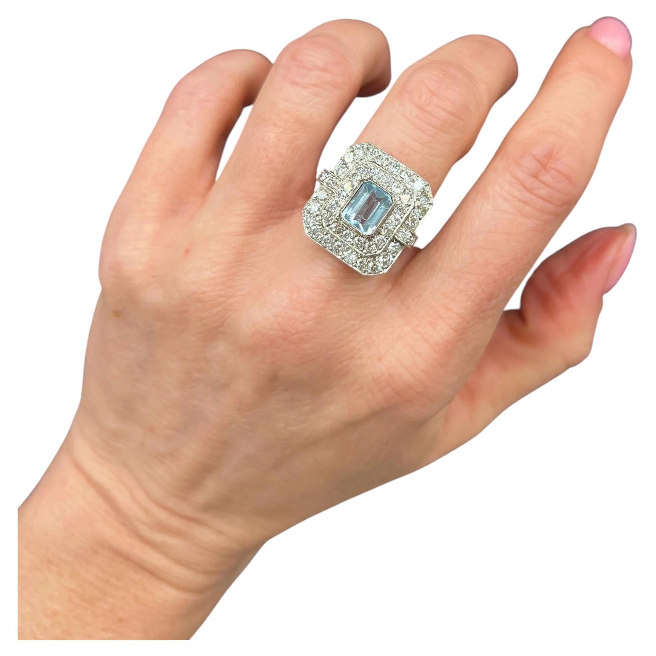 Vintage Platinum, Art Deco Style Aquamarine and Diamond Square Cluster Ring