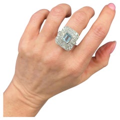 Vintage Platinum, Art Deco Style Aquamarine and Diamond Square Cluster Ring