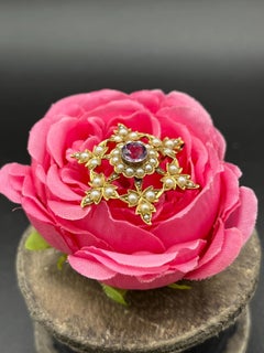 Colgante o broche antiguo de oro de 15 quilates, de la época eduardiana, con amatista y perlas de grano