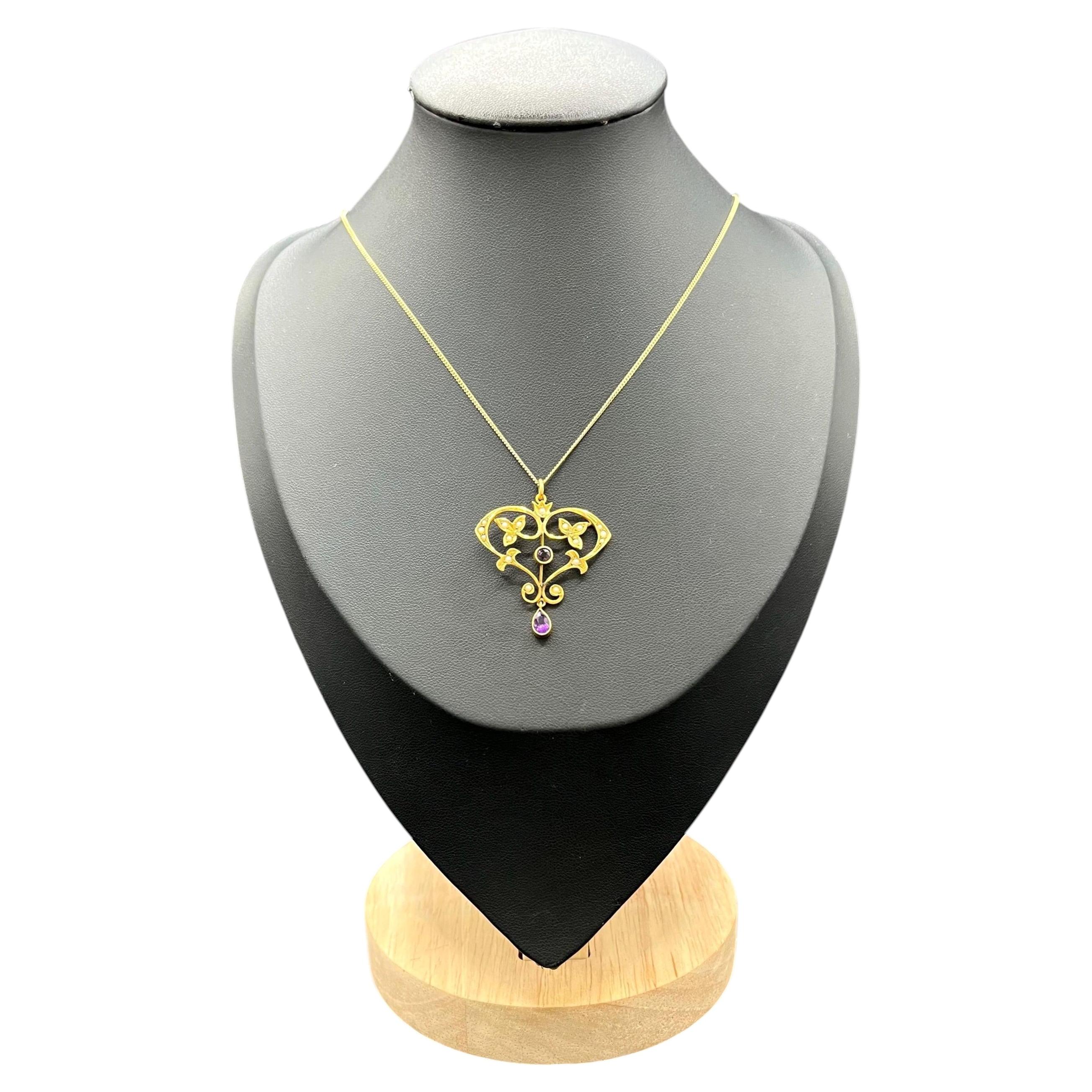 Antique 9ct Gold Edwardian Amethyst & Pearl Pendant, Circa 1910