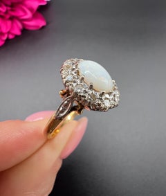 Vintage 18ct Yellow Gold, 1960s Opal & Diamond Oval Shaped Cluster Ring
