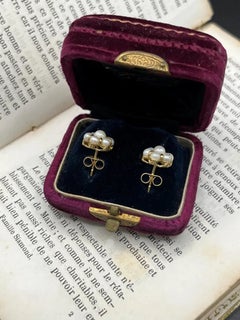 Pendientes antiguos de oro amarillo de 18 quilates con perlas y diseño de margaritas en racimo