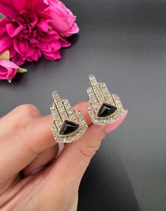 Vintage 14ct Gold, Italian 1940s Art Deco Design, Diamond & Onyx Earrings