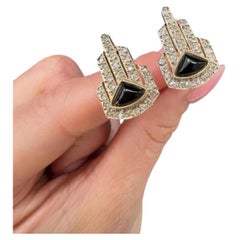 Vintage 14ct Gold, Italian 1940s Art Deco Design, Diamond & Onyx Earrings