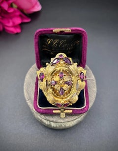 Antique 15ct Gold Victorian Almandine Garnet Etruscan Design, Locket Back Brooch