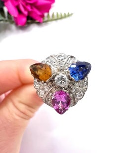 Vintage 18ct Gold, 1980s Natural Sapphire, Pink Sapphire & Citrine Cocktail Ring