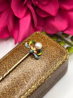 Antique Art Nouveau 15ct Gold Pearl & Enamel Stickpin, Circa 1910